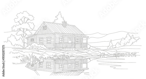 Rustic Log Cabin by Serene Lake with Mountain Reflection - Black and White Line Art