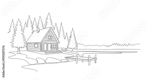 Rustic Log Cabin by Serene Lake with Wooden Dock and Pine Trees - Line Art