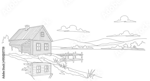Rustic Wooden Cabin by Lake with Mountain Backdrop - Hand-Drawn Sketch