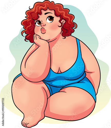 A dreamy red-haired girl in a blue dress