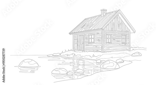 Rustic wooden cabin by the water, serene landscape, line art illustration