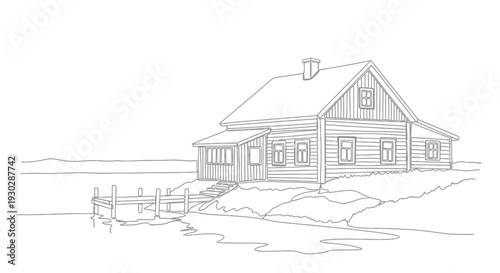Rustic Wooden House by the Water with a Pier - Black and White Sketch