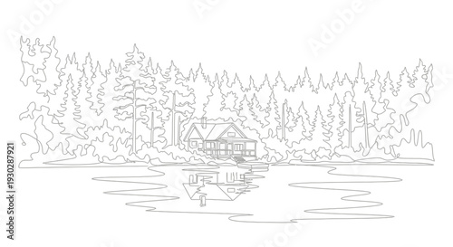 Serene Lakeside Cabin Amidst Pine Forest Reflection in Calm Water