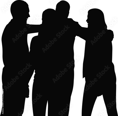 People group silhouette illustration, teamwork friendship support concept, human connection and unity symbol, black monochrome vector design isolated