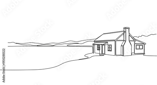 Minimalist Single Line Drawing of a Cozy House with Chimney and Rolling Hills Landscape