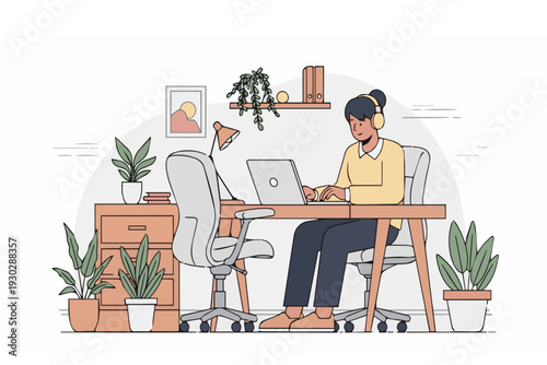 Flat vector illustration of a young woman working remotely from a modern home office workspace. Female professional wearing headphones while using laptop at desk with indoor plants and minimalist 