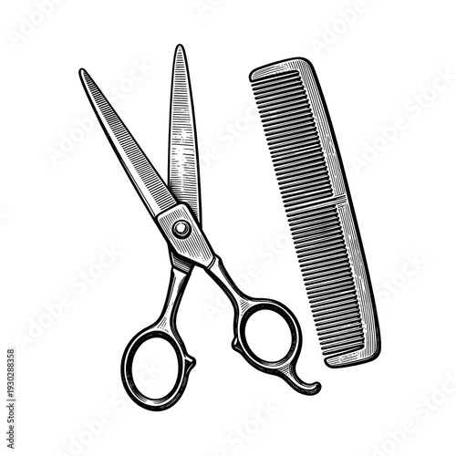 Antique barber scissors and comb etching illustration for vintage barbershop concept