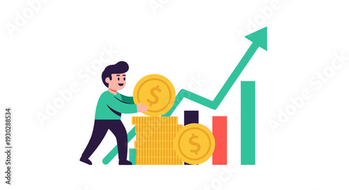 Man pushing large gold coins upward.