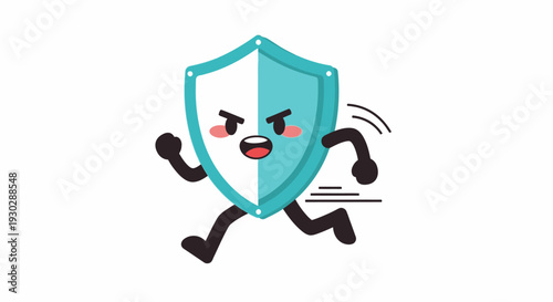 Animated shield with angry face running.