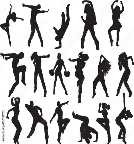 Silhouettes of dancers performing various dance styles in black and white