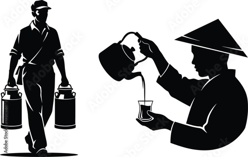 Silhouettes of a tea vendor and a delivery man in black and white