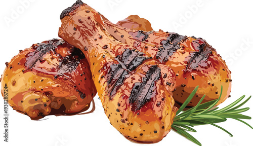 Grilled chicken drumsticks with spices and rosemary vector illustration, juicy roasted meat food concept, barbecue cuisine, delicious dinner dish and protein 