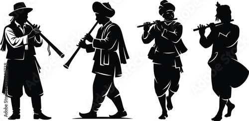 Silhouettes of four 18th century scottish highlanders in traditional attire playing various instruments