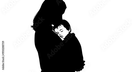 Mother Hugging Little Child Silhouette.