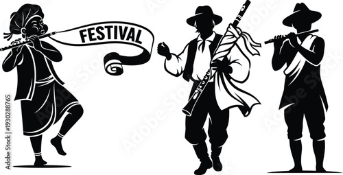 Black and white illustration of musicians at a festival