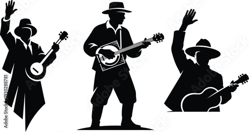 Silhouettes of musicians playing guitars and banjo