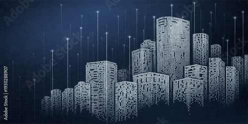 A blue 3D illustration of a night city skyline featuring a modern metropolis cityscape with urban skyscrapers and downtown building architecture silhouetted against the sky