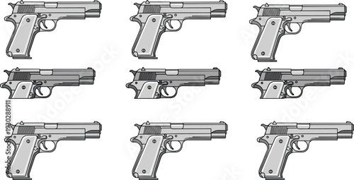 Handgun pistol illustration set featuring multiple semi automatic firearm angles in detailed outline style for security, defense and tactical design projects