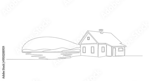 Minimalist House by Lake with Mountain Landscape, Single Line Drawing