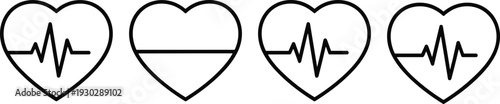 Heartbeat and heart rate monitor icons set showing ECG pulse lines, minimalist black and white flat design illustration for healthcare and 