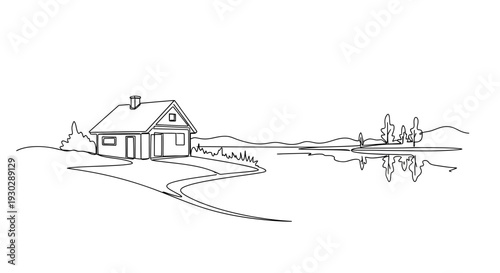 Minimalist Line Art: Cozy House by Serene Lake, Nature Landscape