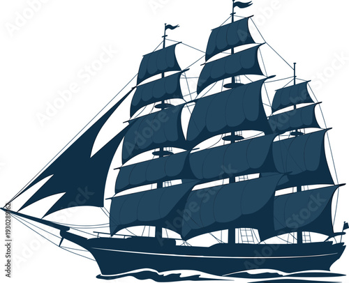 Classic sailing ship illustration, vintage tall ship with sails, nautical maritime transport concept, ocean adventure vector artwork isolated