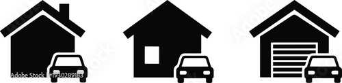 Home and garage icons with car silhouettes, minimalist black and white flat design illustration for real estate, property, housing, and parki