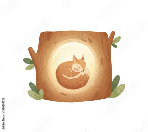 Serene illustration of a sleeping fox curled up inside a hollow tree trunk at dusk, viewed from the front.