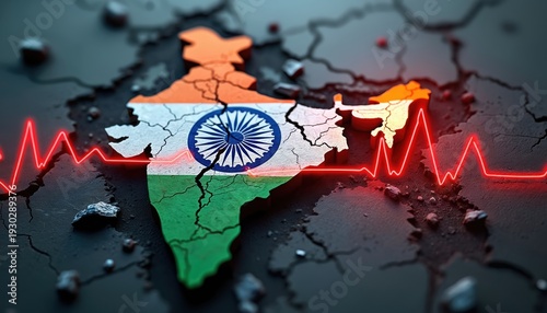 India map cracked, colored like flag, shows red heartbeat line across. Symbolizes crisis, disaster, national emergency or economic downturn. Represents vulnerability and resilience.