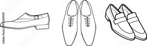 Black and white line art vector illustration set of formal menswear shoes. Includes single monk strap, oxfords, and penny loafers. Perfect for footwear tech packs, mockups, and fashion sketches.
