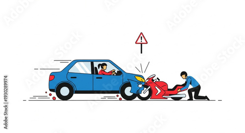 Car and Motorcycle Collision Accident Scene.