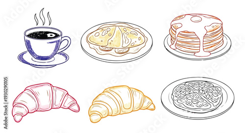 Hand sketched breakfast food elements with pancakes and coffee