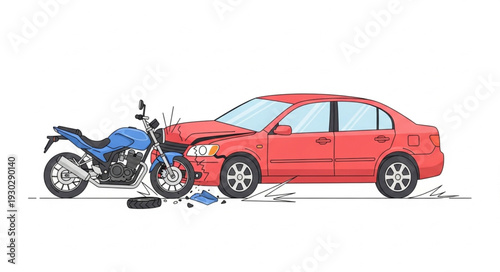 Car and Motorcycle Collision Accident Scene.