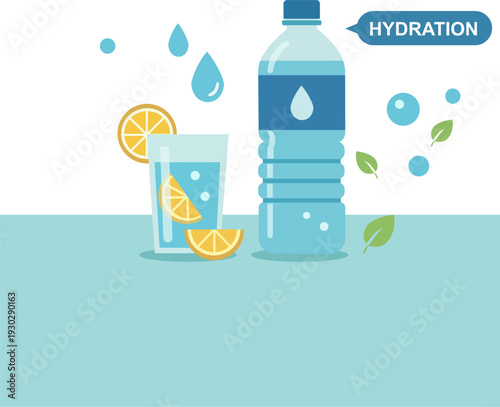 Bottle of mineral water and a glass with lemon slices for hydration concept. Vector illustration of healthy lifestyle, refreshing drink, and daily water intake in a flat design style.