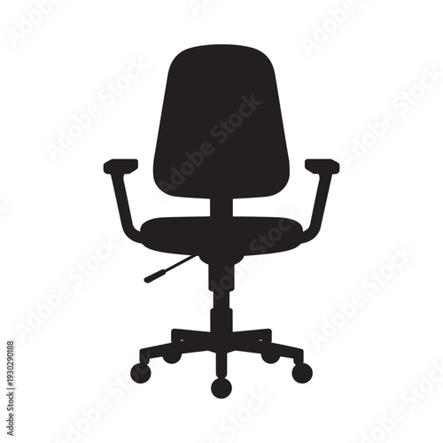 Black office chair on wheels with armrests and adjustable height
