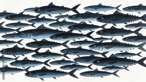 A school of dark blue fish swimming in unison against a light background