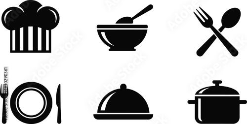 Kitchen and cooking icon set with chef hat, bowl, cutlery, plate, cloche and pot, food preparation symbols for re