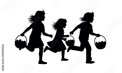 Three children running with easter baskets
