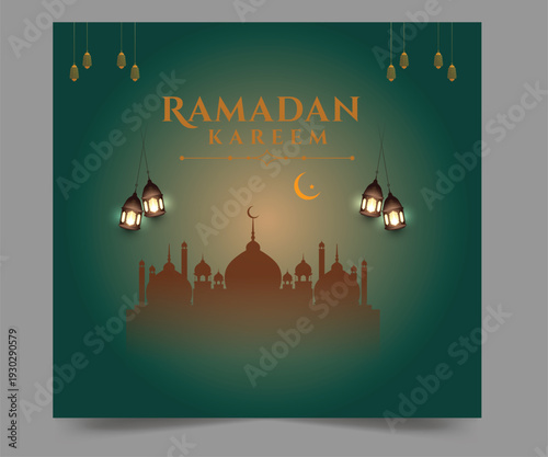 Elegant Ramadan Kareem greeting background featuring mosque silhouette, crescent moon, and traditional hanging lanterns on a green gradient backdrop. Islamic decorative design perfect for Ramadan gree