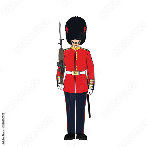 Illustration of a traditional ceremonial guard in a vibrant red uniform and iconic bearskin hat, standing with a rifle