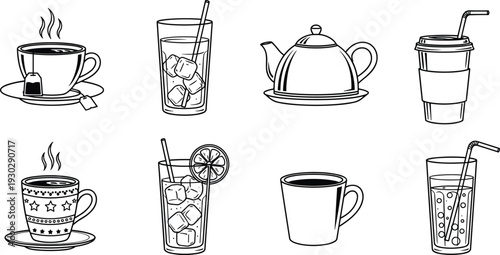 Line art beverage icons set with coffee cups, tea pot, iced drinks and takeaway cup, minimal outline illustrations for cafe menu, branding, and design