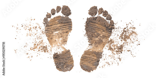 Realistic muddy bare footprints with dirt splatters and soil texture isolated on white background vector illustration for design projects