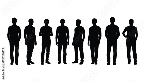 A group of people standing in a row in silhouette isolated on white background, Vector