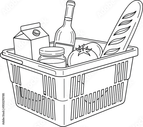 Line art grocery basket with food items including bread, milk, bottle and vegetables, simple outline illustration for shopping, supermarket, and daily essentials concept