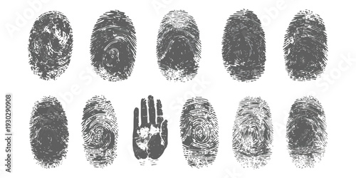 Set of distressed black ink fingerprints and handprint for forensic investigation and identity security concepts grunge vector illustration
