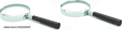 Magnifying glass set isolated on white background, realistic inspection tool with black handle for search, investigation, research, zoom and detail analysis concept