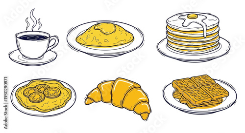 Vector breakfast food set with coffee pancakes and croissant