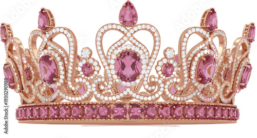 Luxury pink gemstone crown tiara with diamonds ornate royal jewelry illustration elegant princess accessory isolated design for wedding beauty pageant fashion concept