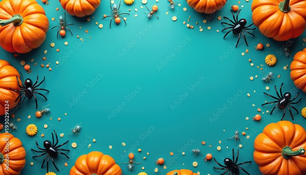 Fototapeta premium Orange pumpkins and black spiders form Halloween frame on teal background. Small ants and yellow confetti add festive detail. Empty space for text or design elements. Spooky autumn holiday decoration.
