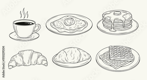 Breakfast line art icons with coffee pancakes croissant and waffles